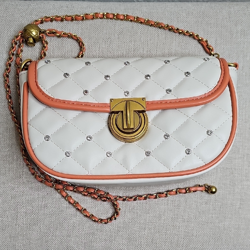 Milan Chiva Quilted Crossbody Clutch Cream Terra Cotta Rhinestones Gold Hardware